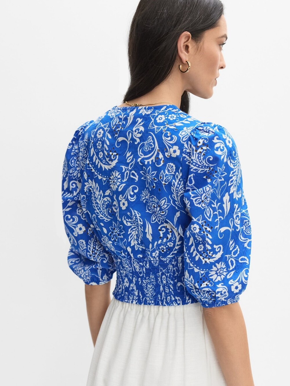 Melanie Lyne Paisley Smocked Waist Blouse Blue White Size M - Picture 3 of 17